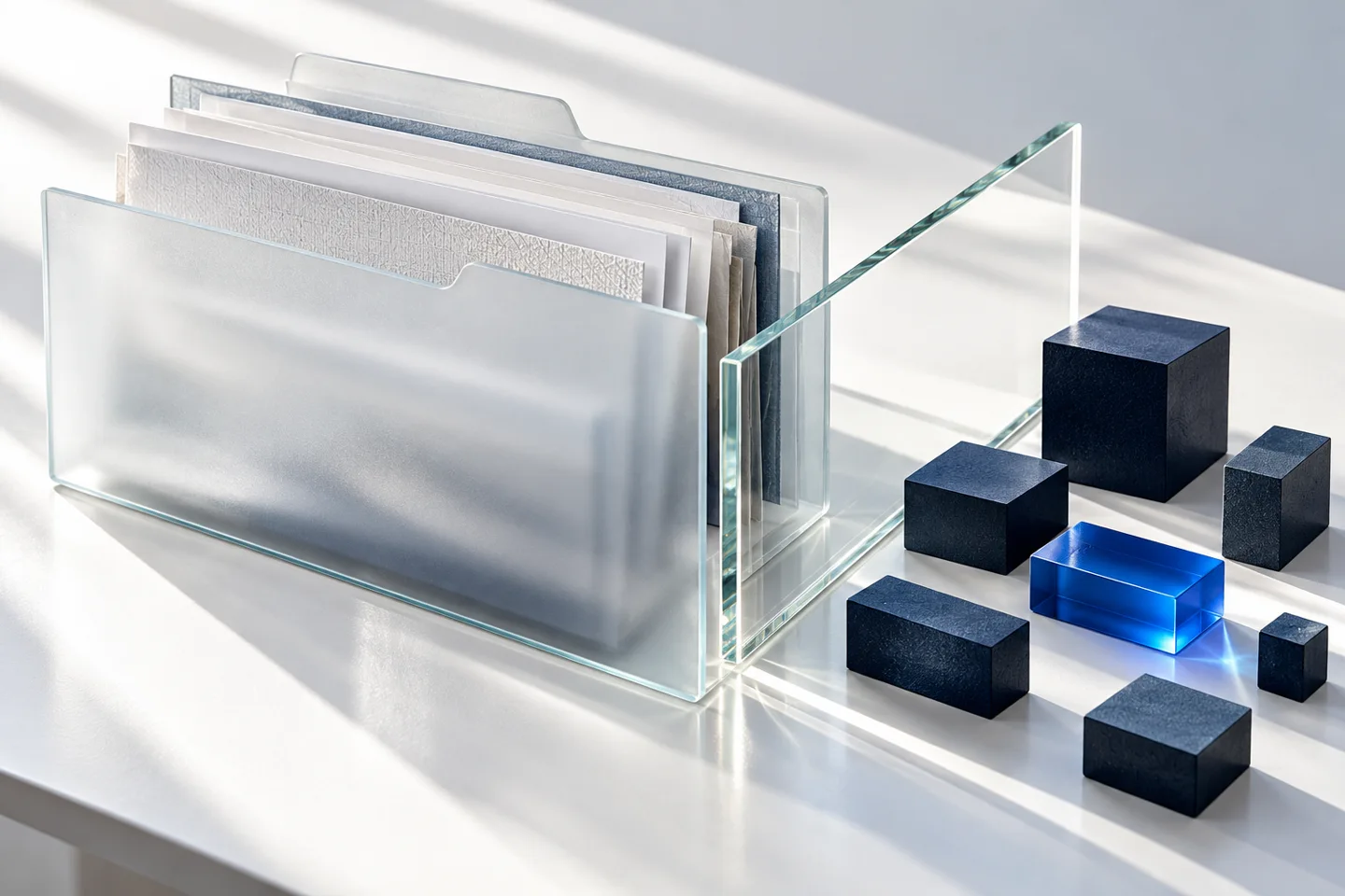 Conceptual illustration of papers and data blocks separated by a clear glass boundary.