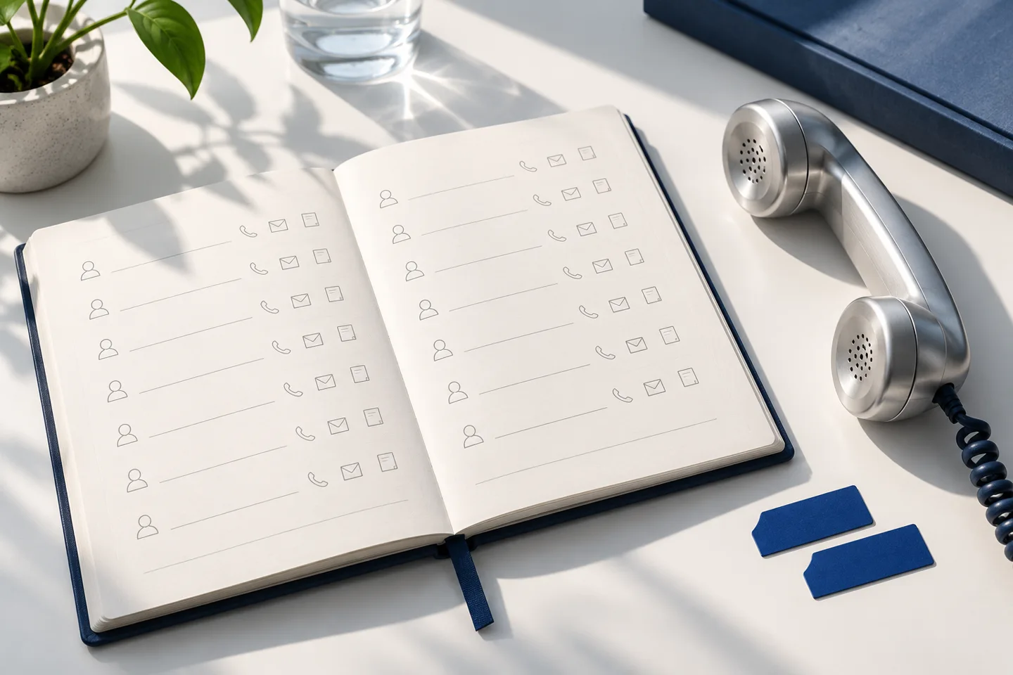 Conceptual illustration of a blank contact notebook, telephone handset and blue tabs.