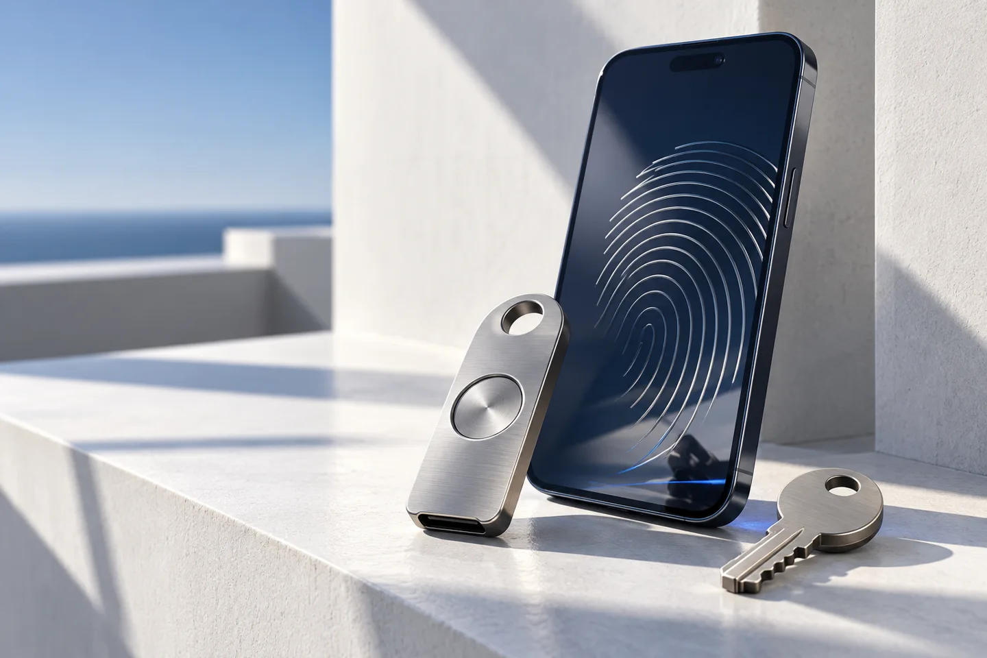 Conceptual illustration of a silver security key, phone and recovery key on a sunlit white surface.